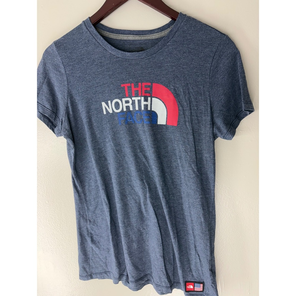 The North Face Mens Blue Heather Patriotic USA Flag Logo Slim Fit T-Shirt Medium